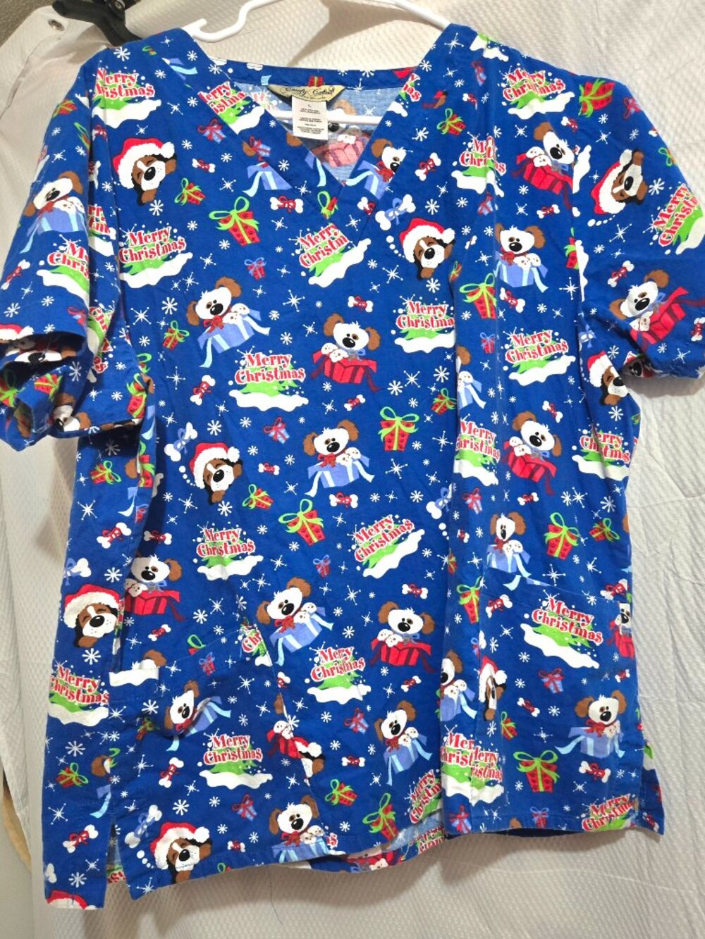 Comfy Cotton Christmas Puppy Scrub Top Blue Merry Christmas Holiday Medical